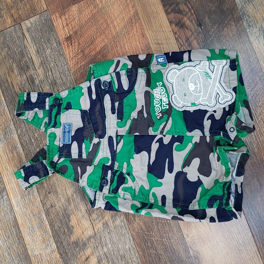 Miniville Green, Blue, Brown Camo Print Short Overalls, Size 9 Months